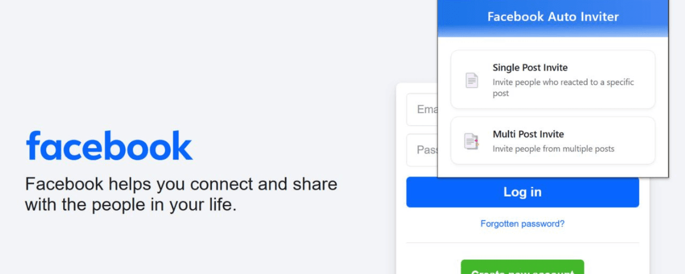 Facebook Page Auto Inviter Chrome Extension interface showing the automation dashboard with invite controls and statistics